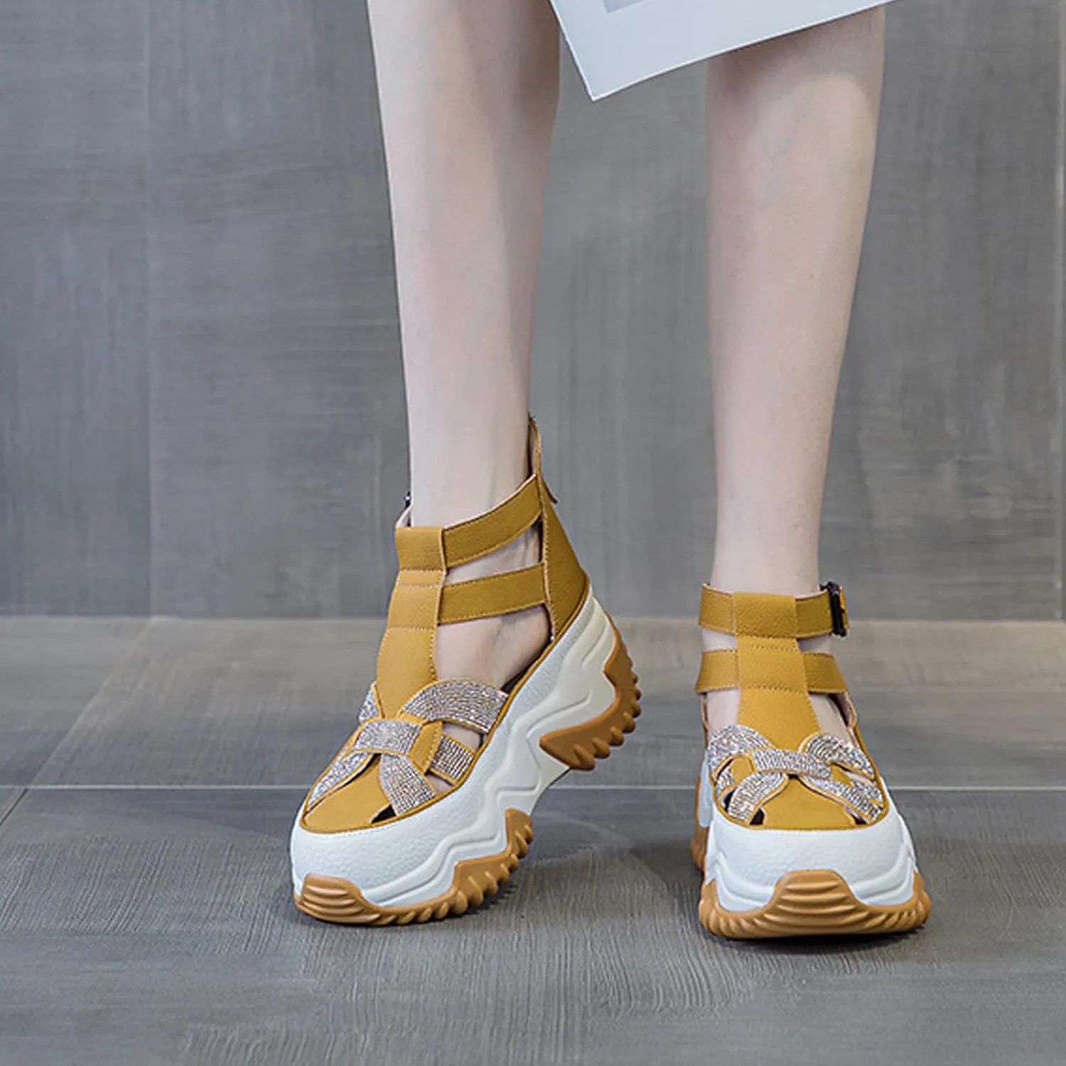 Women Rhinestone Thick-Soled Fashion Sneakers,Hollow Back Zipper Heightening Shoes Comfortable Adjustable Buckle Breathable Casual Platform Sneakers Sandals