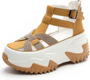 Women Rhinestone Thick-Soled Fashion Sneakers,Hollow Back Zipper Heightening Shoes Comfortable Adjustable Buckle Breathable Casual Platform Sneakers Sandals