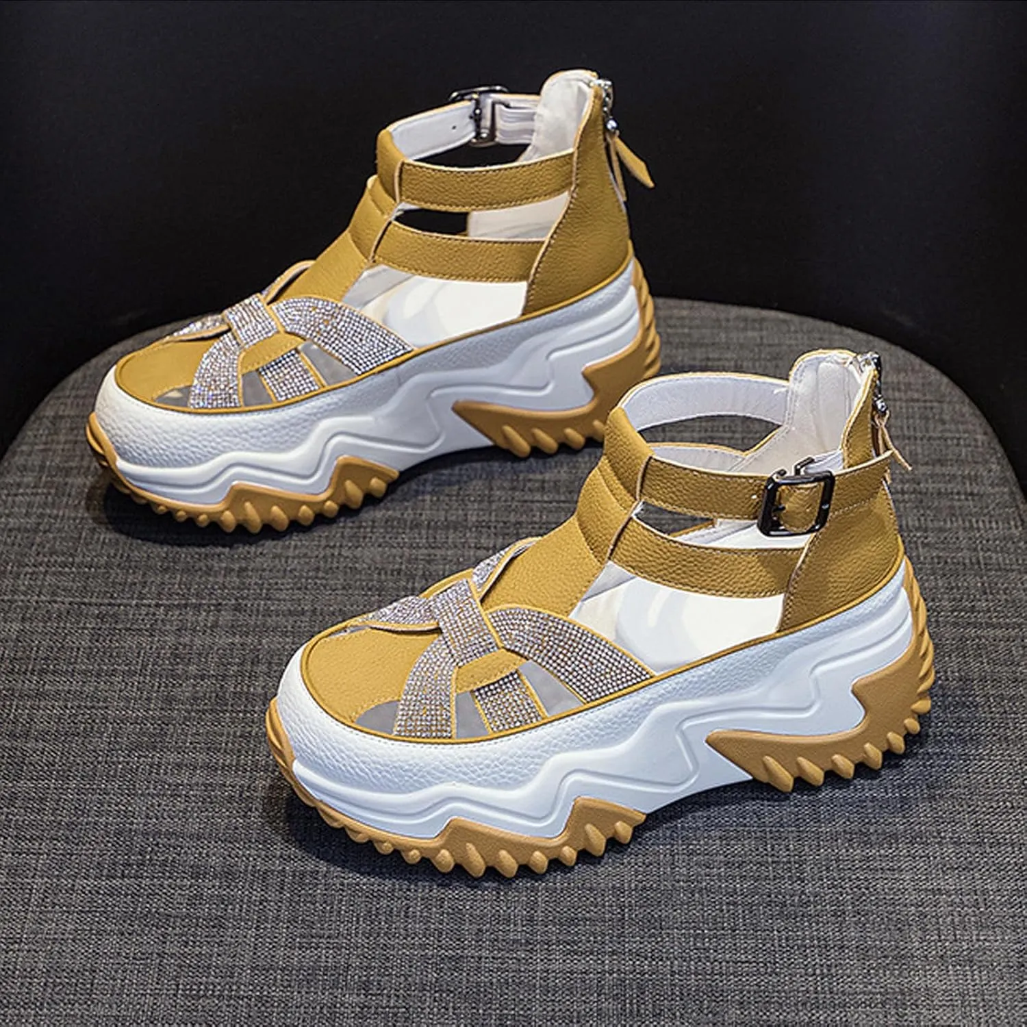 Women Rhinestone Thick-Soled Fashion Sneakers,Hollow Back Zipper Heightening Shoes Comfortable Adjustable Buckle Breathable Casual Platform Sneakers Sandals