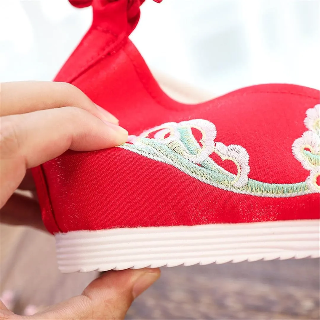 Women Satin Cotton Ankle Strap Hidden Platform Shoes Vintage Chinese Style Embroidered Hanfu Shoes Black Red