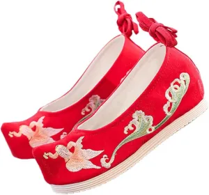 Women Satin Cotton Ankle Strap Hidden Platform Shoes Vintage Chinese Style Embroidered Hanfu Shoes Black Red