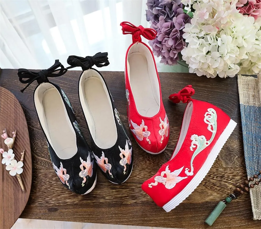 Women Satin Cotton Ankle Strap Hidden Platform Shoes Vintage Chinese Style Embroidered Hanfu Shoes Black Red