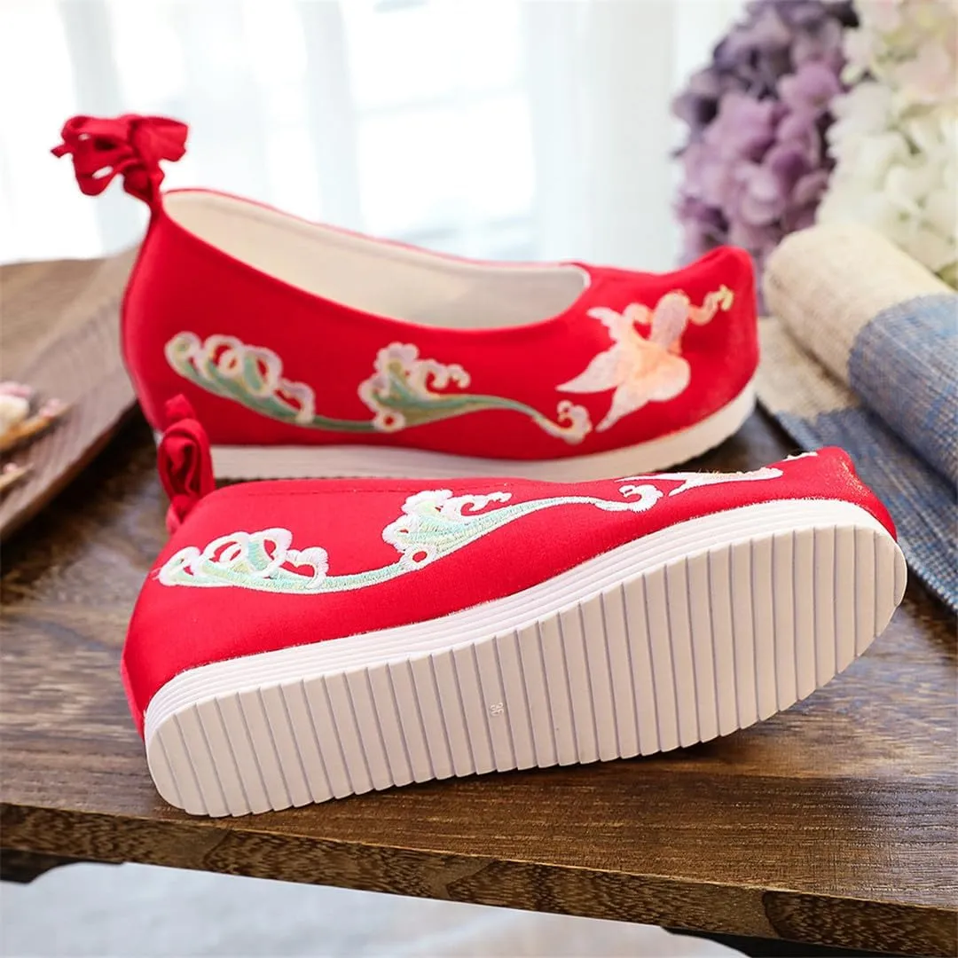 Women Satin Cotton Ankle Strap Hidden Platform Shoes Vintage Chinese Style Embroidered Hanfu Shoes Black Red