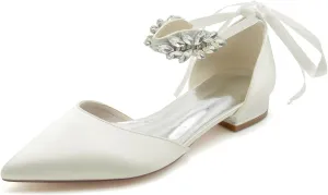 Women Satin Wedding Shoes for Bride Flats Pointed Toe Crystals Party Dress Bridesmaid Shoes
