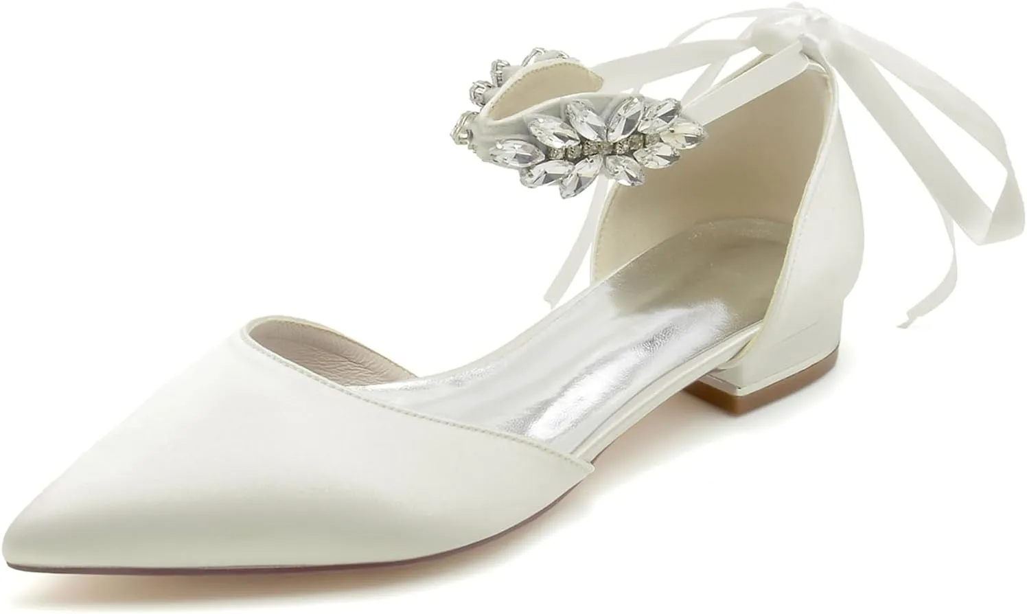 Women Satin Wedding Shoes for Bride Flats Pointed Toe Crystals Party Dress Bridesmaid Shoes