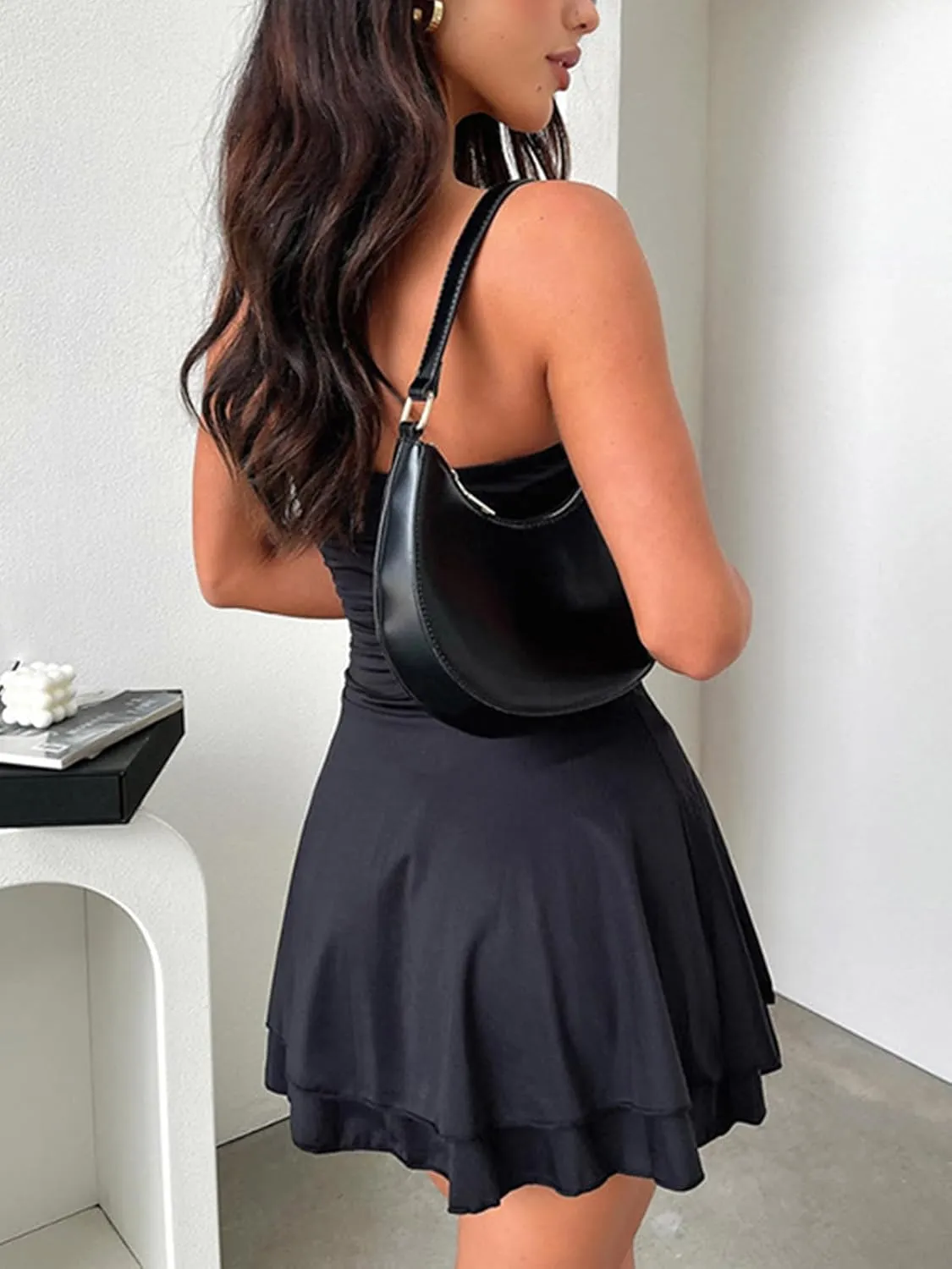 Women Sexy Tube Top Silk Dress Strapless Ruched Basque Waist Ruffle Layer Mini Dress Jumpsuit Party Dresses