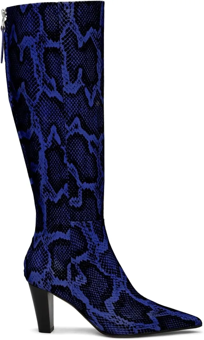 Women Vintage Chunky Block Heel Knee High Western Boots Pointed Closed Toe Snakeskin Boots Back Zipper Under Knee Combat Boots Two-Toned Fall Winter Boot Office Party Dressy Chic 4-11 M US