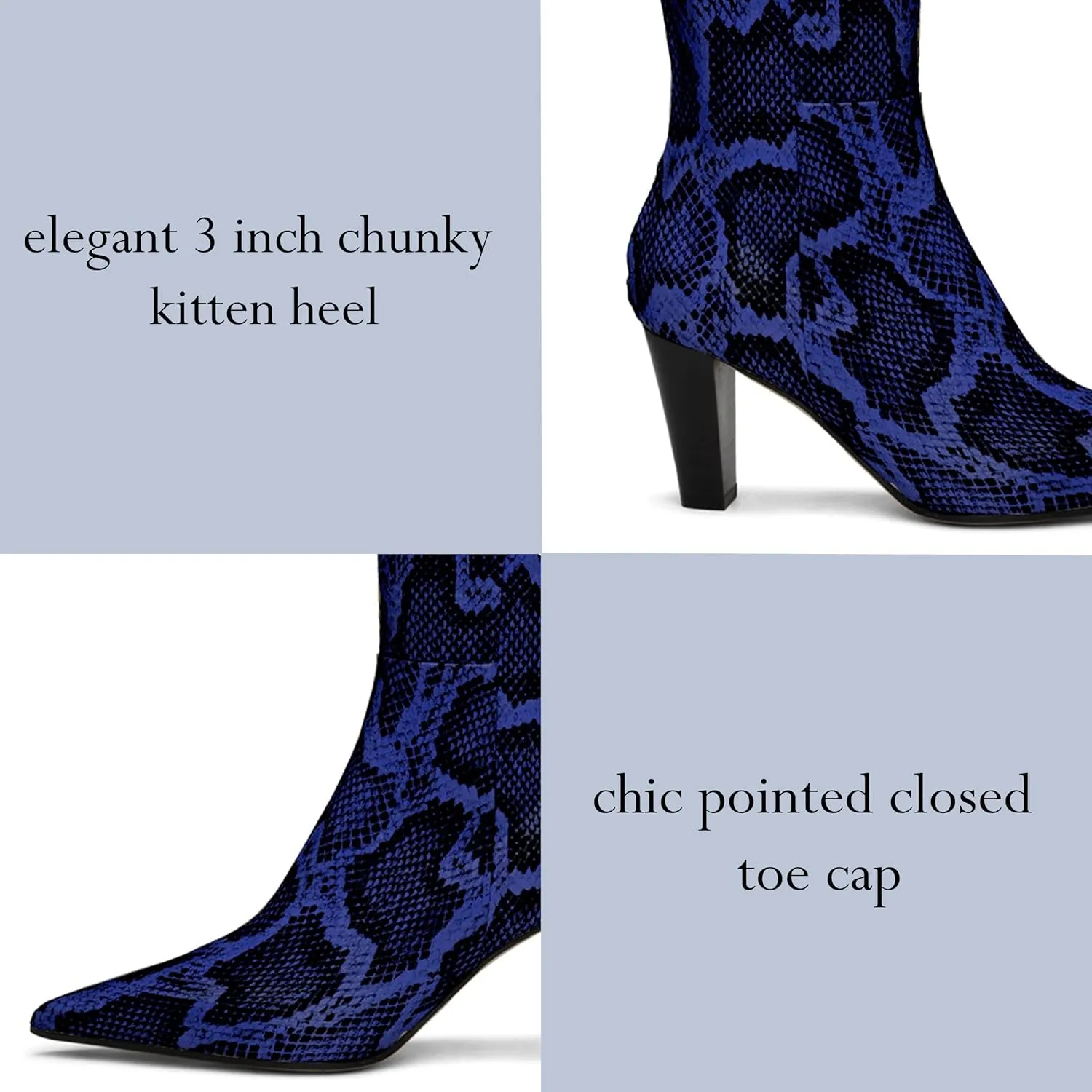 Women Vintage Chunky Block Heel Knee High Western Boots Pointed Closed Toe Snakeskin Boots Back Zipper Under Knee Combat Boots Two-Toned Fall Winter Boot Office Party Dressy Chic 4-11 M US