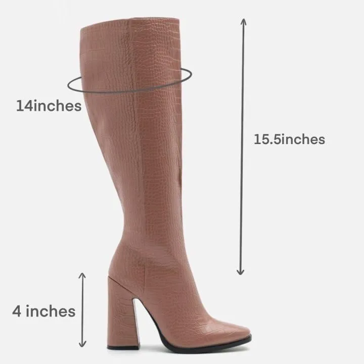Women Vintage Chunky High Heel Knee High Western Boots Round Closed Toe Crocodile Boots Long Matte Patent Leather Side Zipper Under Knee Combat Boots Two-Toned Patchwork Fall Boot 4-11 M US