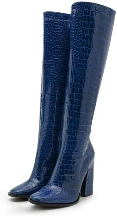 Women Vintage Chunky High Heel Knee High Western Boots Round Closed Toe Crocodile Boots Long Matte Patent Leather Side Zipper Under Knee Combat Boots Two-Toned Patchwork Fall Boot 4-11 M US