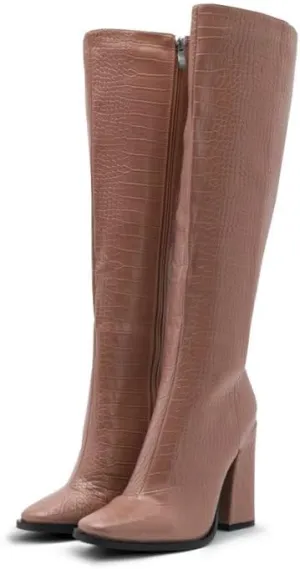 Women Vintage Chunky High Heel Knee High Western Boots Round Closed Toe Crocodile Boots Long Matte Patent Leather Side Zipper Under Knee Combat Boots Two-Toned Patchwork Fall Boot 4-11 M US