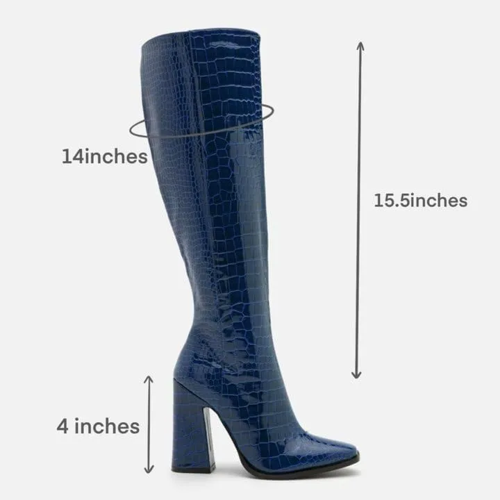 Women Vintage Chunky High Heel Knee High Western Boots Round Closed Toe Crocodile Boots Long Matte Patent Leather Side Zipper Under Knee Combat Boots Two-Toned Patchwork Fall Boot 4-11 M US