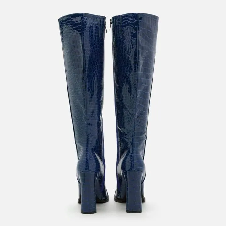 Women Vintage Chunky High Heel Knee High Western Boots Round Closed Toe Crocodile Boots Long Matte Patent Leather Side Zipper Under Knee Combat Boots Two-Toned Patchwork Fall Boot 4-11 M US