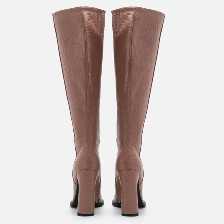 Women Vintage Chunky High Heel Knee High Western Boots Round Closed Toe Crocodile Boots Long Matte Patent Leather Side Zipper Under Knee Combat Boots Two-Toned Patchwork Fall Boot 4-11 M US