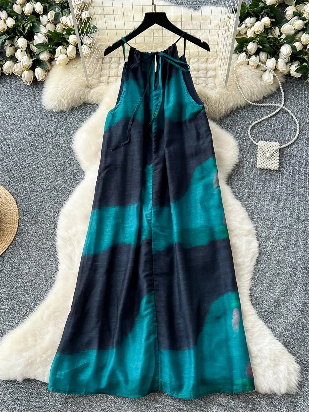 Women Vintage Seaside Vacation Beach Dress Off-Shoulder Strap Tie-Dye Printed Loose Long Dresses