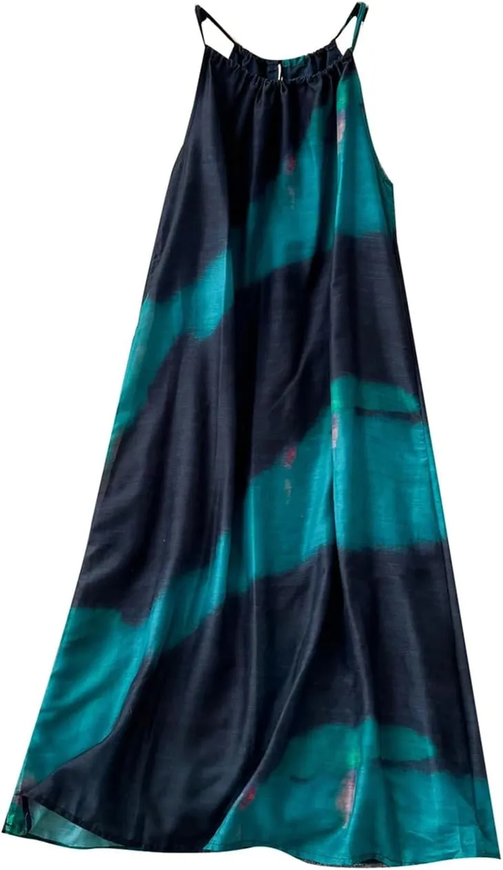 Women Vintage Seaside Vacation Beach Dress Off-Shoulder Strap Tie-Dye Printed Loose Long Dresses