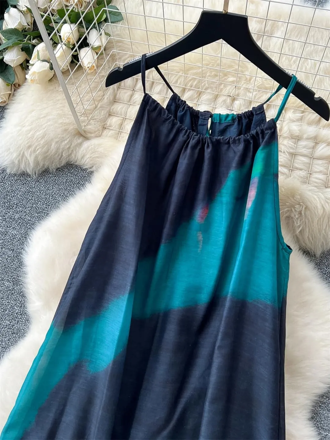 Women Vintage Seaside Vacation Beach Dress Off-Shoulder Strap Tie-Dye Printed Loose Long Dresses