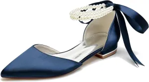 Women Wedding Satin Flats Pearls Shoes for Bride Pointed Toe Prom Evening Bridal Party Dress Flats 2.5Cm