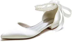 Women Wedding Satin Flats Pearls Shoes for Bride Pointed Toe Prom Evening Bridal Party Dress Flats 2.5Cm