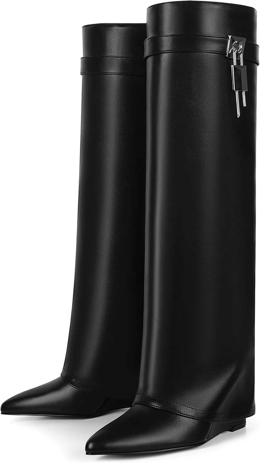 Women Wedge Heel Fold Pointy Pull-On Knee Shark Boot Wide Calf Padlock Boot