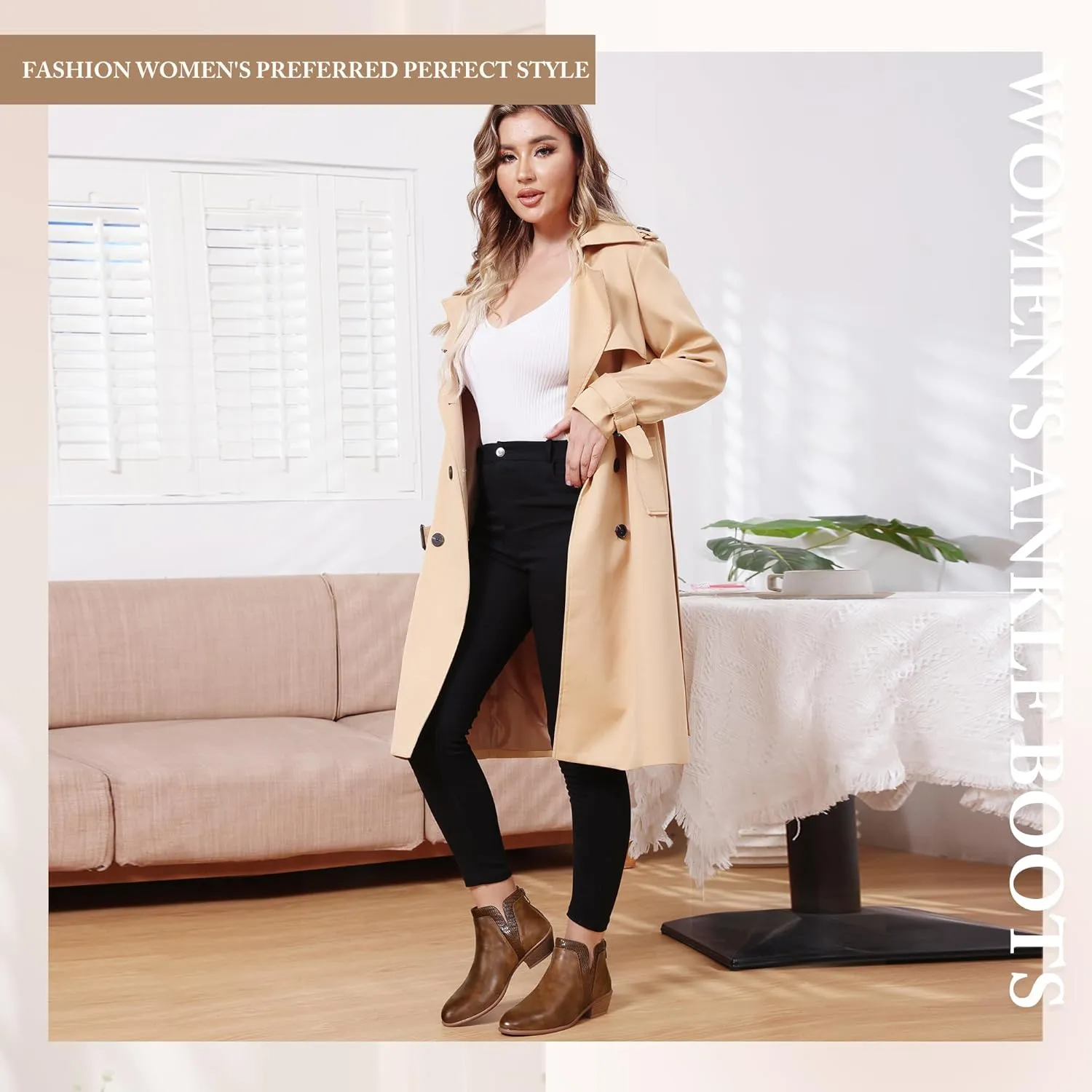 Women's Ankle Boots Low Heels Chunky Fashion Zipper Dressy Booties for Women