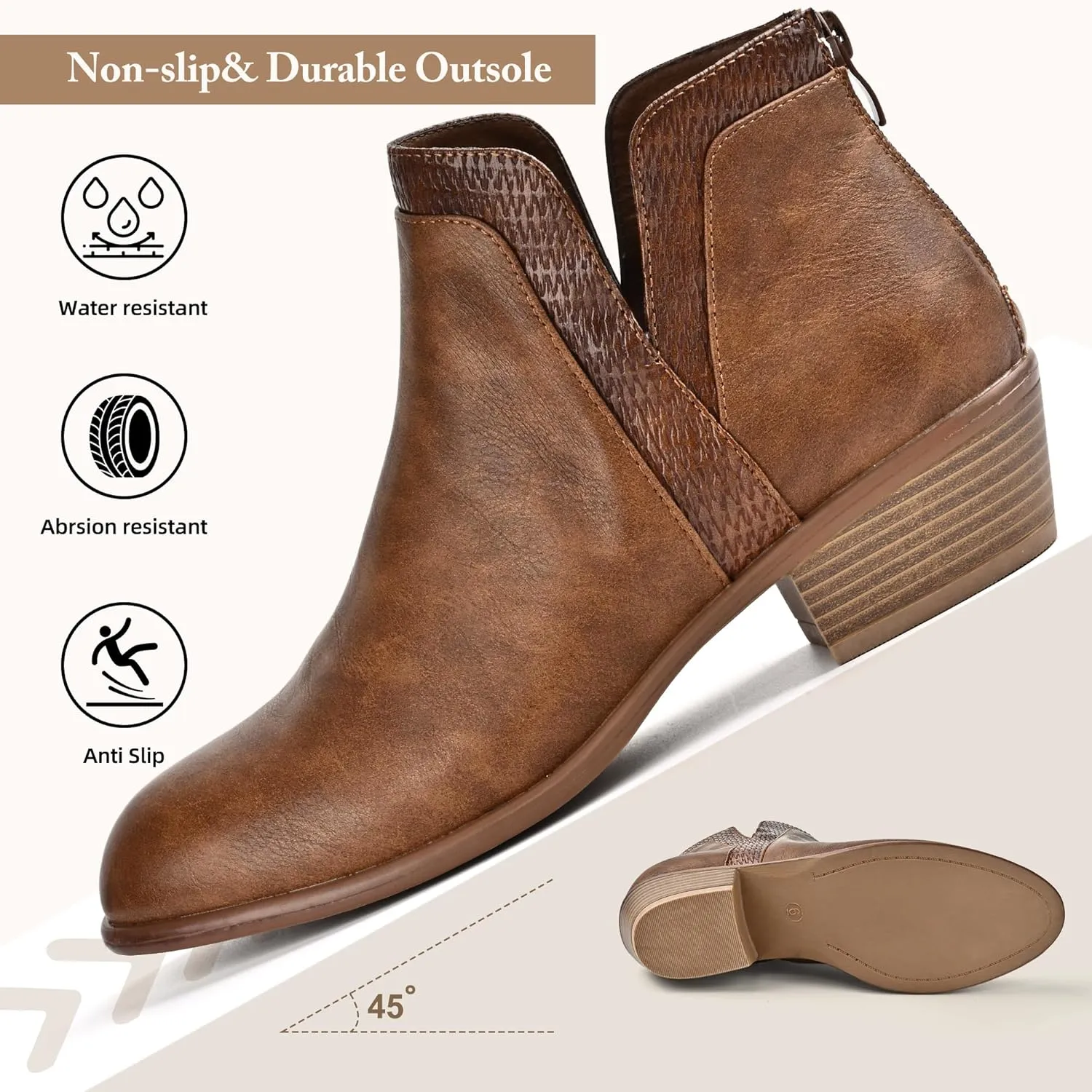 Women's Ankle Boots Low Heels Chunky Fashion Zipper Dressy Booties for Women