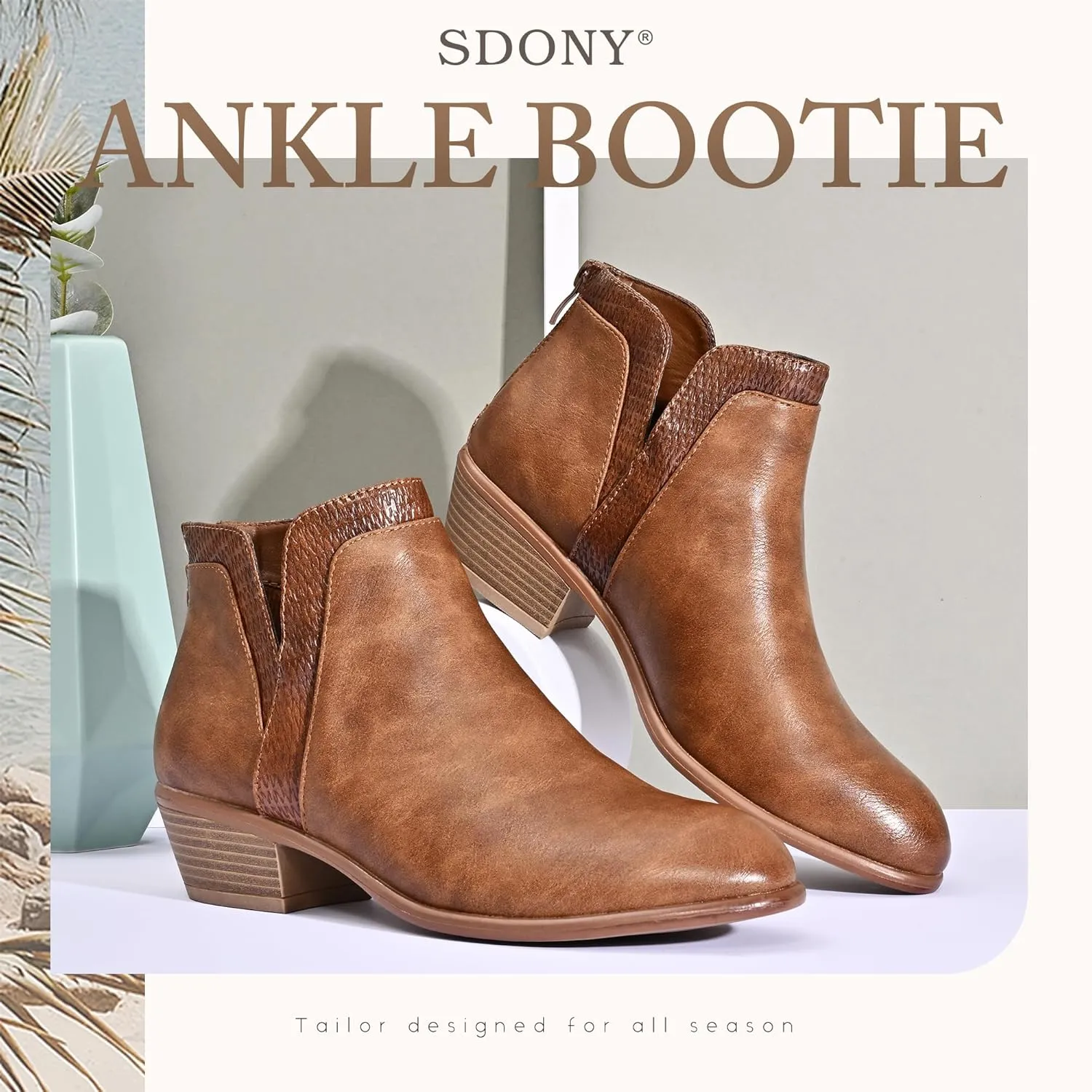 Women's Ankle Boots Low Heels Chunky Fashion Zipper Dressy Booties for Women