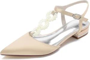Women's Ankle Strap Wedding Shoes for Bride Satin Pointed Toe Wedding Flats Pearl T-Strap Formal Prom Party Dress Pumps