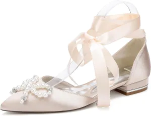 Women's Ballet Flat Tie Up Ankle Strap Pearls Bridal Wedding Shoes Satin Pointed Toe Strap Sandals