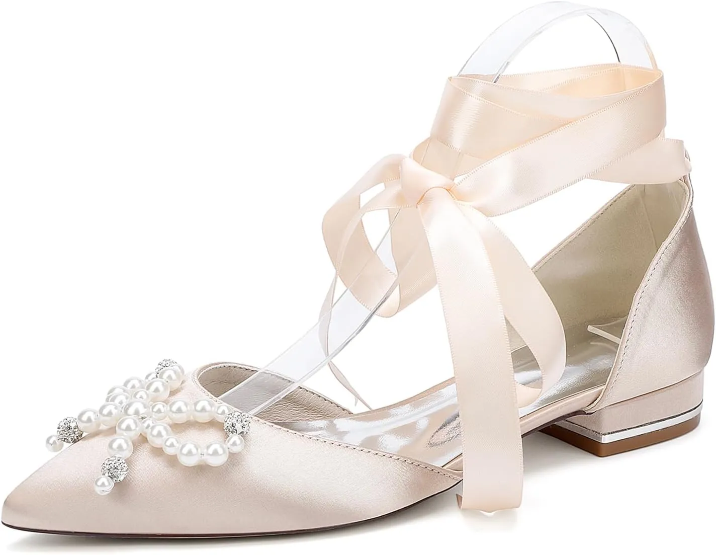Women's Ballet Flat Tie Up Ankle Strap Pearls Bridal Wedding Shoes Satin Pointed Toe Strap Sandals