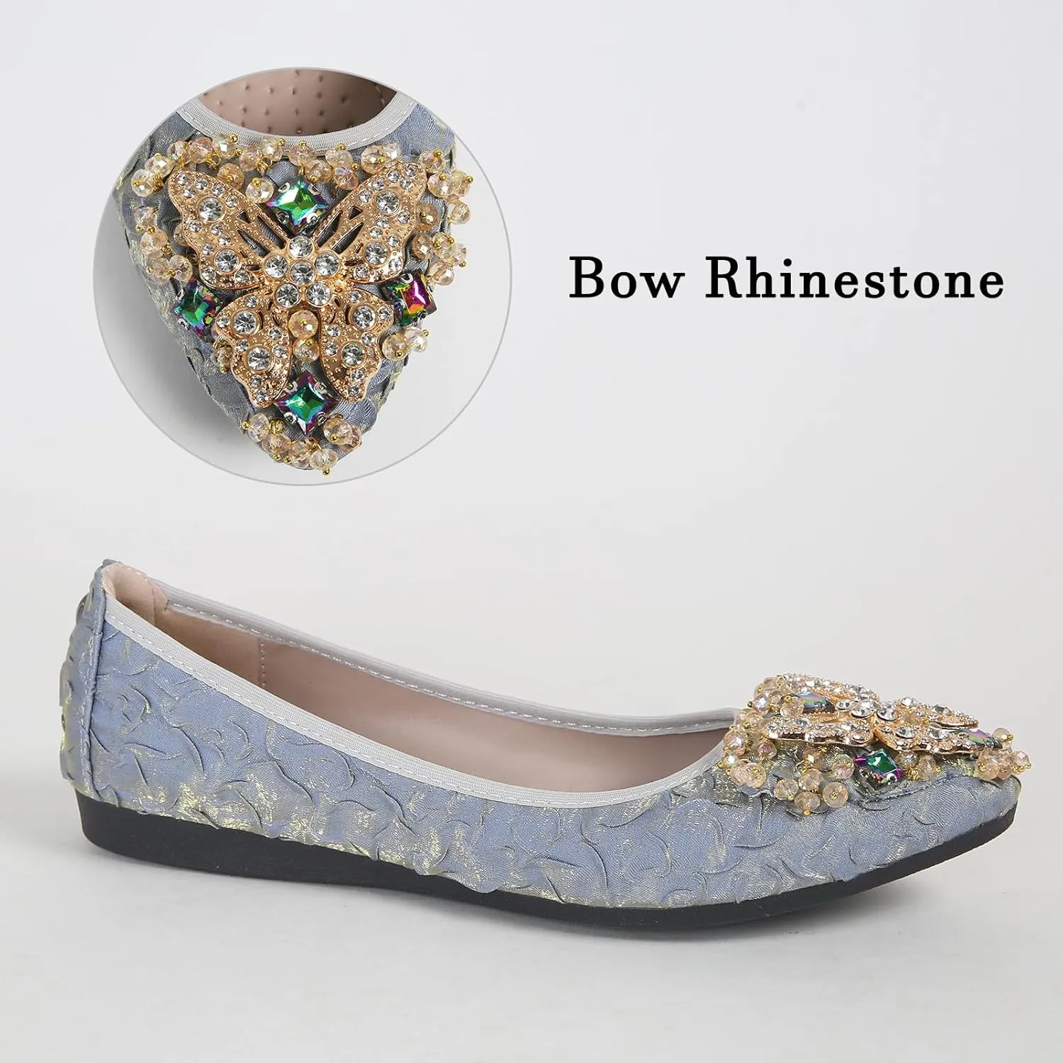 Womens Ballet Flats Foldable Rhinestone Pointed Toe Comfortable Slip on Wedding Flat Shoes Dress Flats for Women