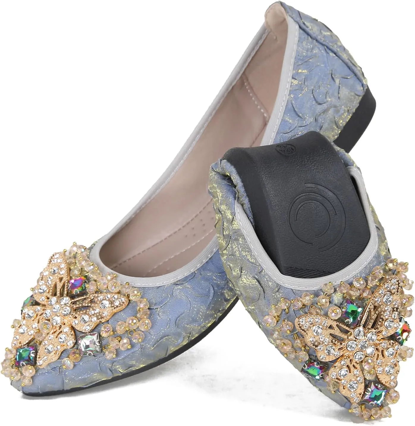 Womens Ballet Flats Foldable Rhinestone Pointed Toe Comfortable Slip on Wedding Flat Shoes Dress Flats for Women