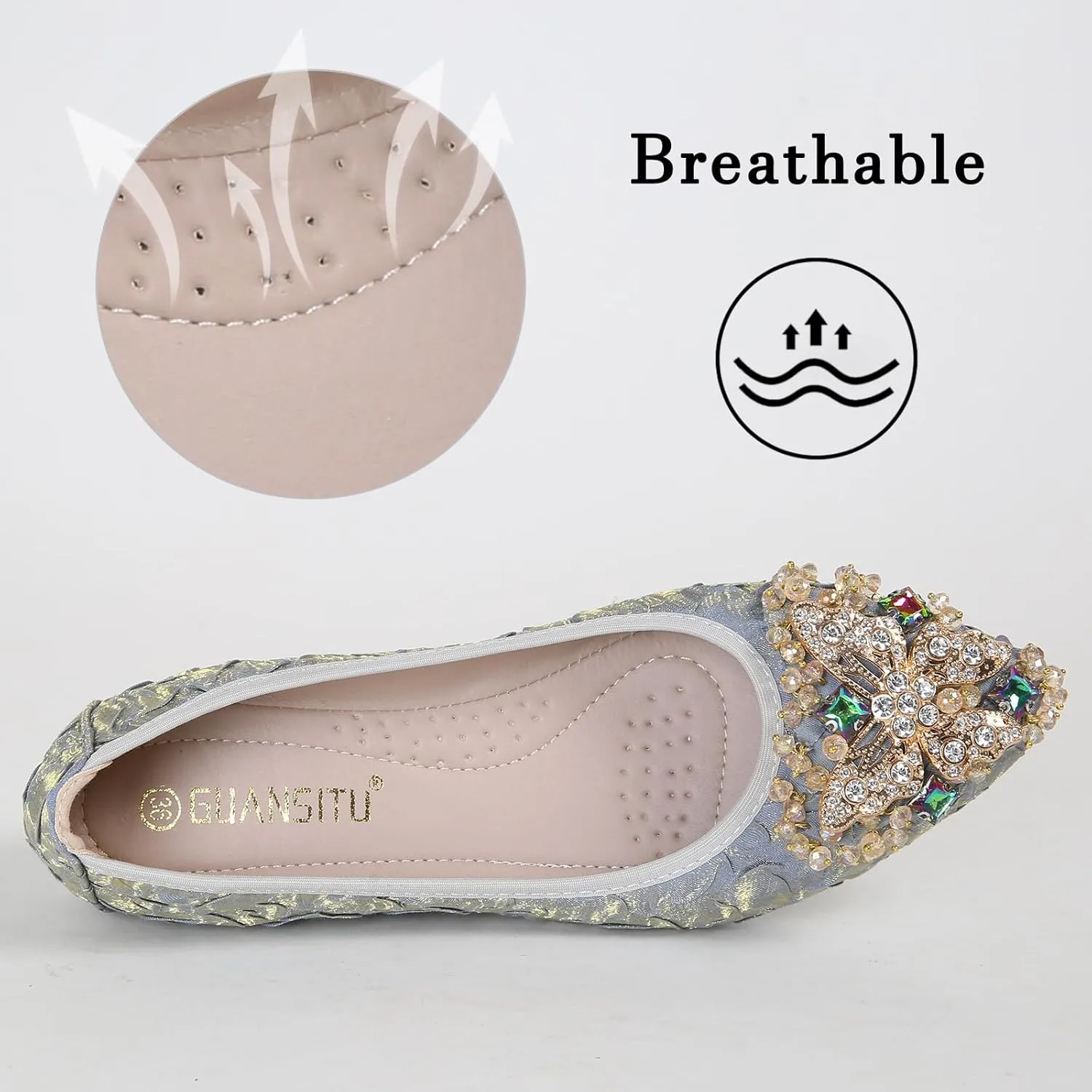 Womens Ballet Flats Foldable Rhinestone Pointed Toe Comfortable Slip on Wedding Flat Shoes Dress Flats for Women