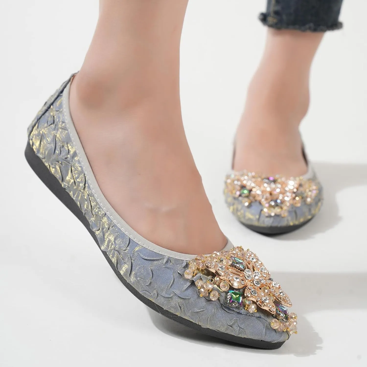 Womens Ballet Flats Foldable Rhinestone Pointed Toe Comfortable Slip on Wedding Flat Shoes Dress Flats for Women