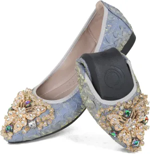 Womens Ballet Flats Foldable Rhinestone Pointed Toe Comfortable Slip on Wedding Flat Shoes Dress Flats for Women