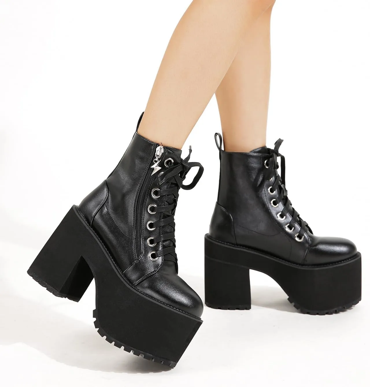 Women's Black Lace up Goth Platform Boots, Chunky Block Ankle Gothic Combat Boots, Cosplay Fashion Punk Boots Shoes
