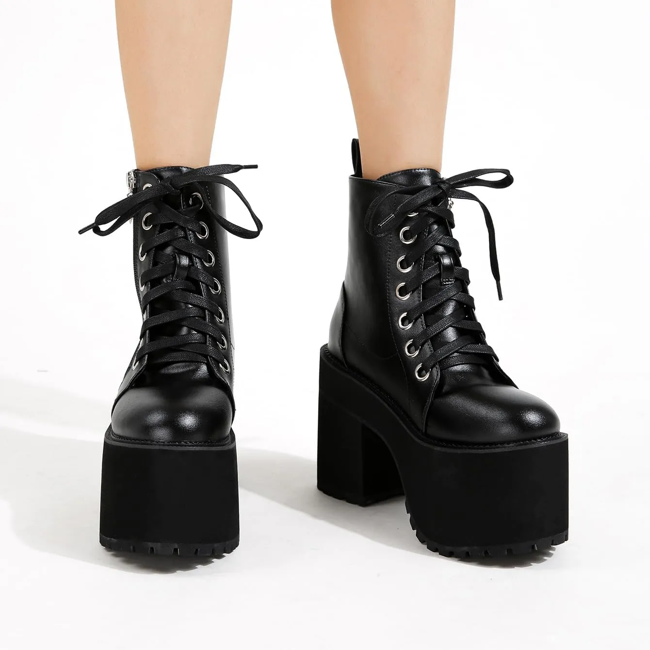 Women's Black Lace up Goth Platform Boots, Chunky Block Ankle Gothic Combat Boots, Cosplay Fashion Punk Boots Shoes