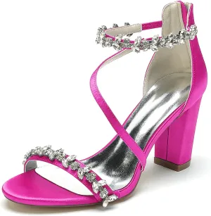 Women's Block Chunky High Heels Open Toe Crystal Wedding Pumps Ankle Strap Evening Prom Dance Party Dress Pump Sandals Shoes