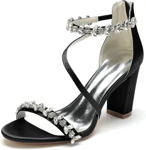 Women's Block Chunky High Heels Open Toe Crystal Wedding Pumps Ankle Strap Evening Prom Dance Party Dress Pump Sandals Shoes