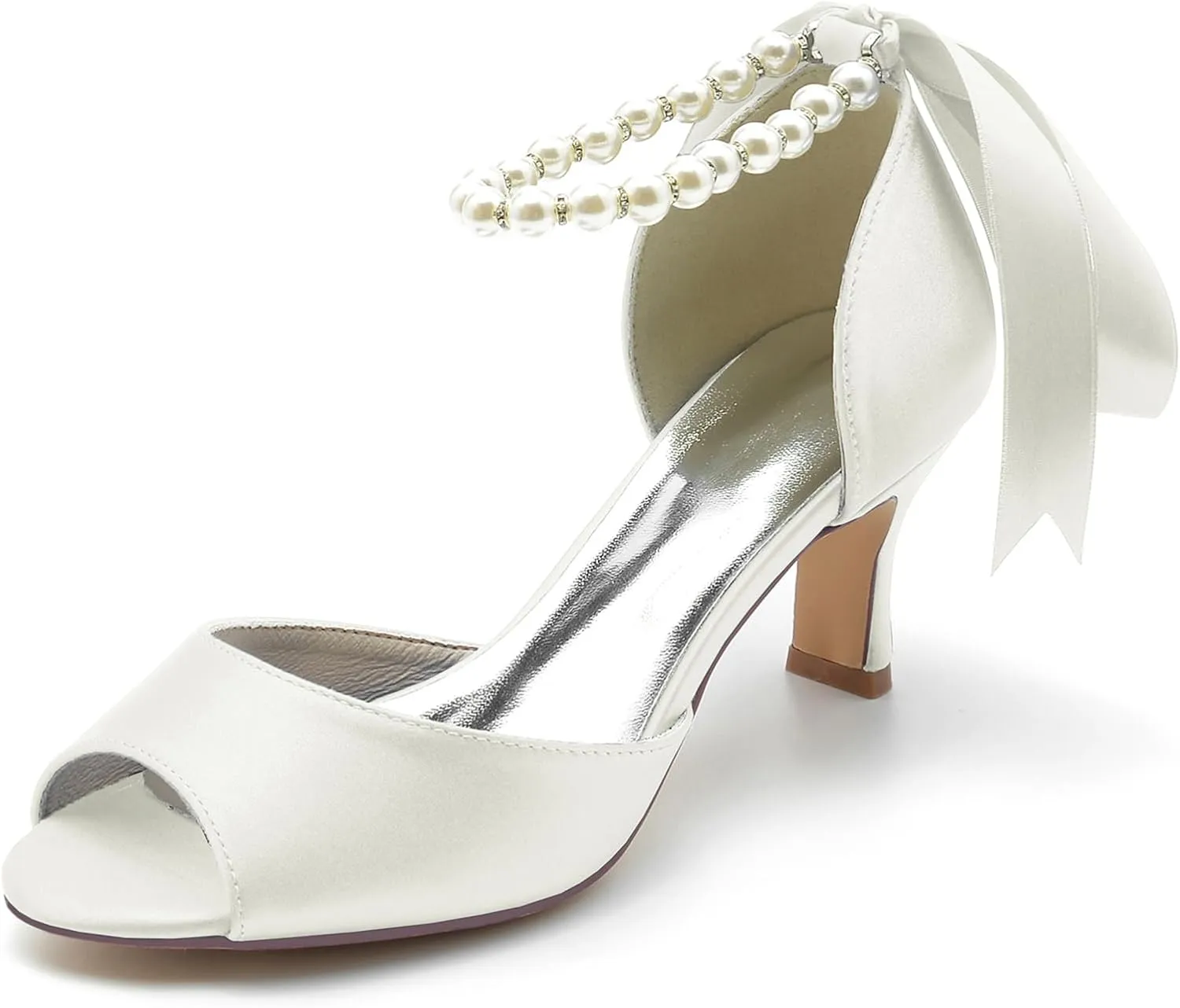 Women's Bridal Sandals Peep Toe Mid Heel Pumps Pearls Satin Ankle Ribbon Tie Strap Strap Evening Party Prom Wedding Dress Shoes