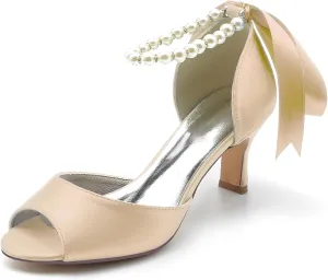 Women's Bridal Sandals Peep Toe Mid Heel Pumps Pearls Satin Ankle Ribbon Tie Strap Strap Evening Party Prom Wedding Dress Shoes