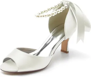 Women's Bridal Sandals Peep Toe Mid Heel Pumps Pearls Satin Ankle Ribbon Tie Strap Strap Evening Party Prom Wedding Dress Shoes