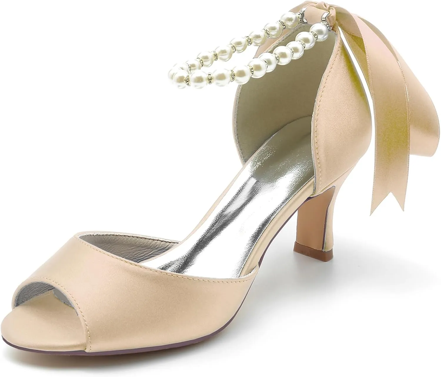 Women's Bridal Sandals Peep Toe Mid Heel Pumps Pearls Satin Ankle Ribbon Tie Strap Strap Evening Party Prom Wedding Dress Shoes
