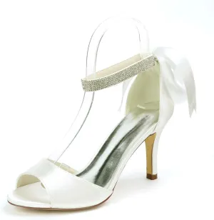 Women's Bridal Shoes Peep Toe Stiletto Heel Satin Pumps Ribbon Tie Wedding Sandals Shoes,Ivory,7