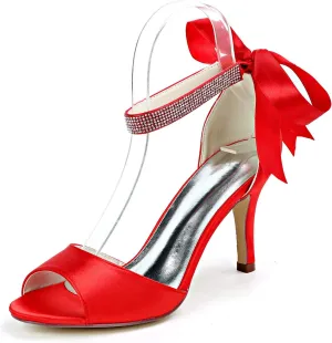 Women's Bridal Shoes Peep Toe Stiletto Heel Satin Pumps Ribbon Tie Wedding Sandals Shoes,Red,4