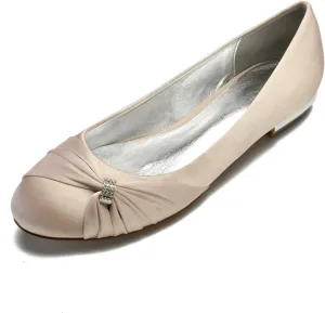 Women's Bride Wedding Shoes Satin Rhinestone Closed Ballet Flats Shoes Closed Toe Ballet Flat Bride Round Toe Wedding Dress Shoes