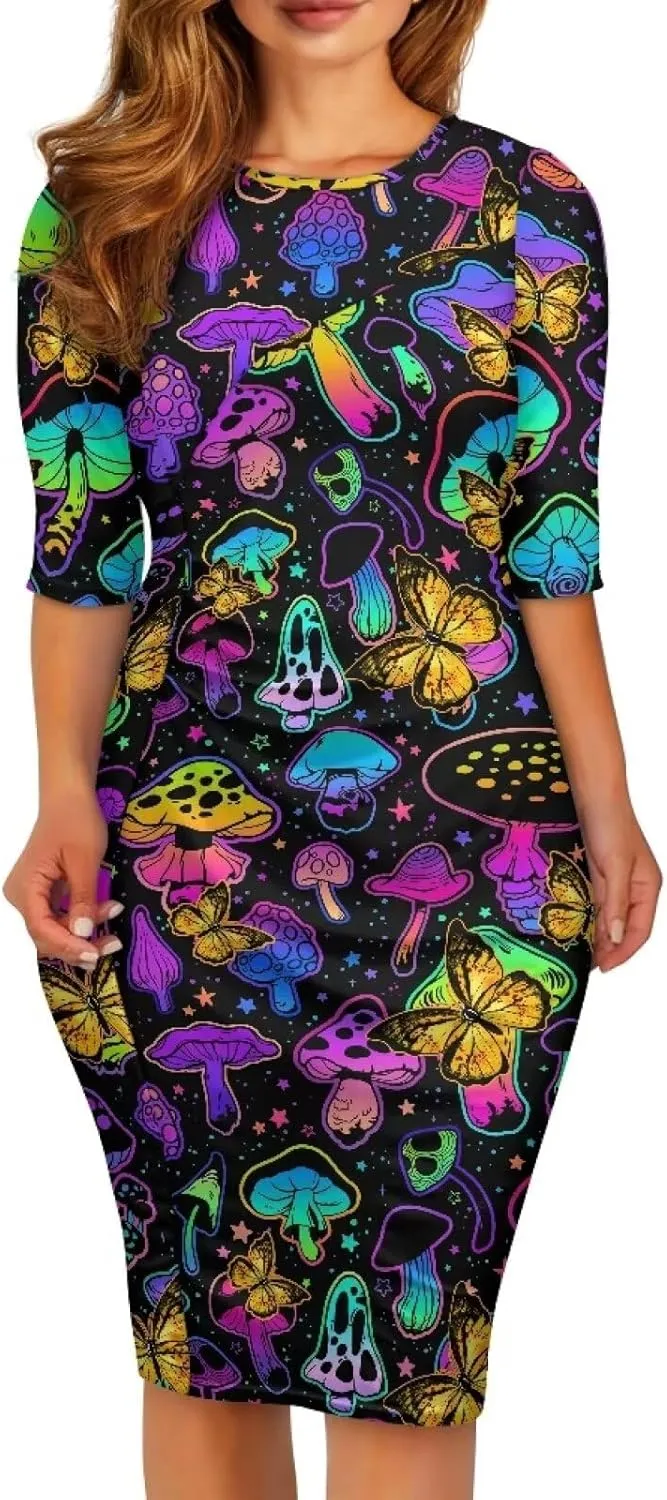 Womens Casual Midi Bodycon Dress 3/4 Sleeve Midi Dress Slim Fit Pencil Dress
