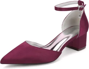Women's Chunky Block High Heels Pointed Toe Satin Bridal Sandals Ankle Strap Dress Shoes Wedding Party Pump