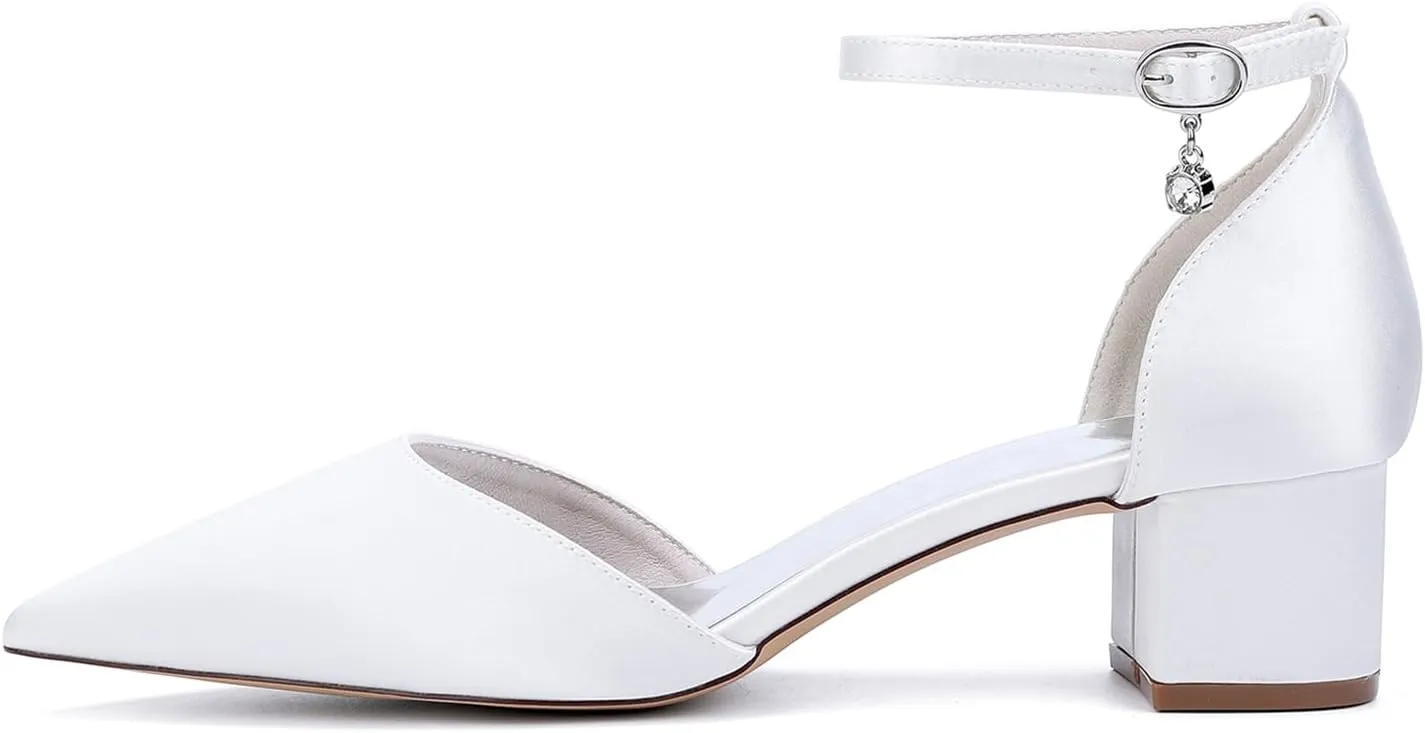 Women's Chunky Block High Heels Pointed Toe Satin Bridal Sandals Ankle Strap Dress Shoes Wedding Party Pump