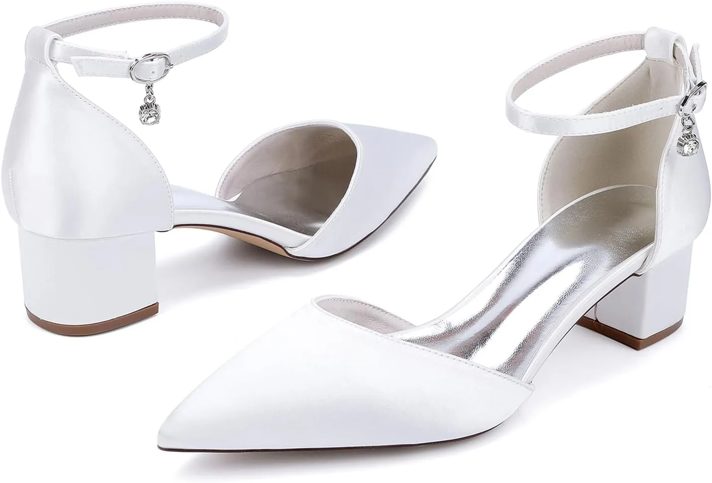 Women's Chunky Block High Heels Pointed Toe Satin Bridal Sandals Ankle Strap Dress Shoes Wedding Party Pump